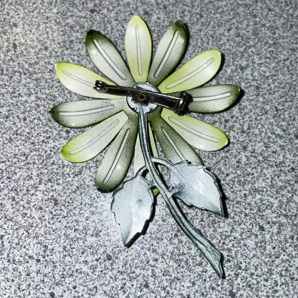 Vintage 1960s Green Daisy Flower Brooch Large Retro Mod Statement Pin